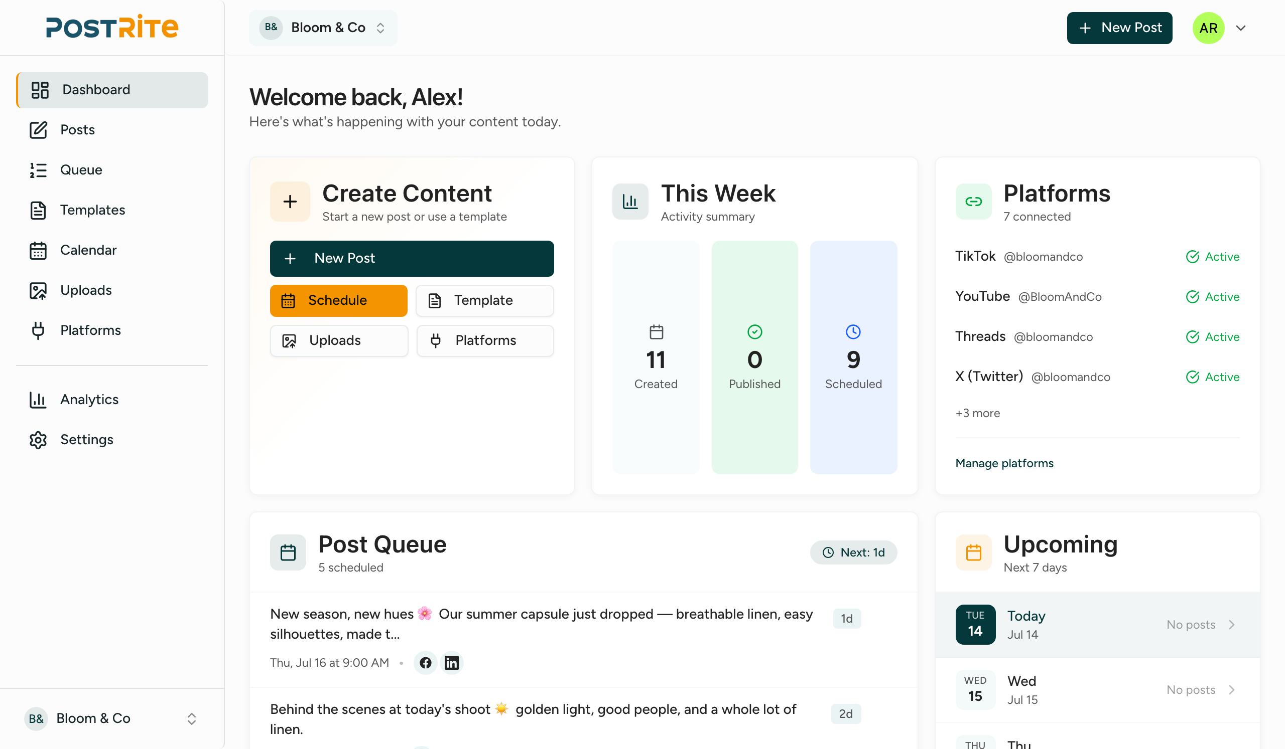 PostRite dashboard screenshot with post queue, weekly summary, platforms status, and calendar preview